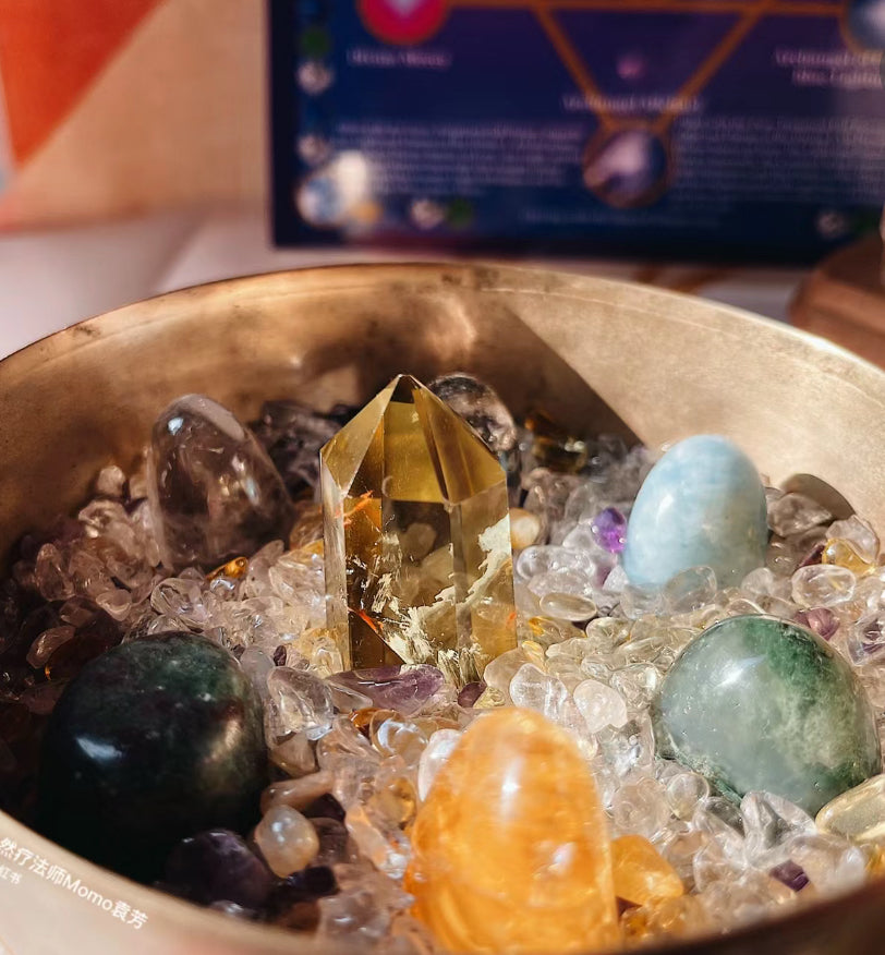 A plate with some yellow and green gemstones