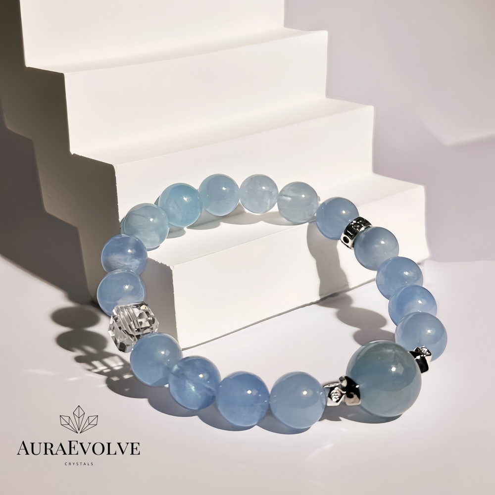 A crystal bracelet made with Aquamarine and Clear Quartz