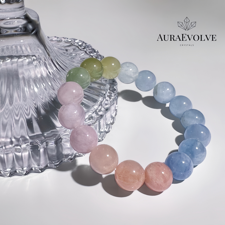 A crystal bracelet made of Morganite in pink, blue and green