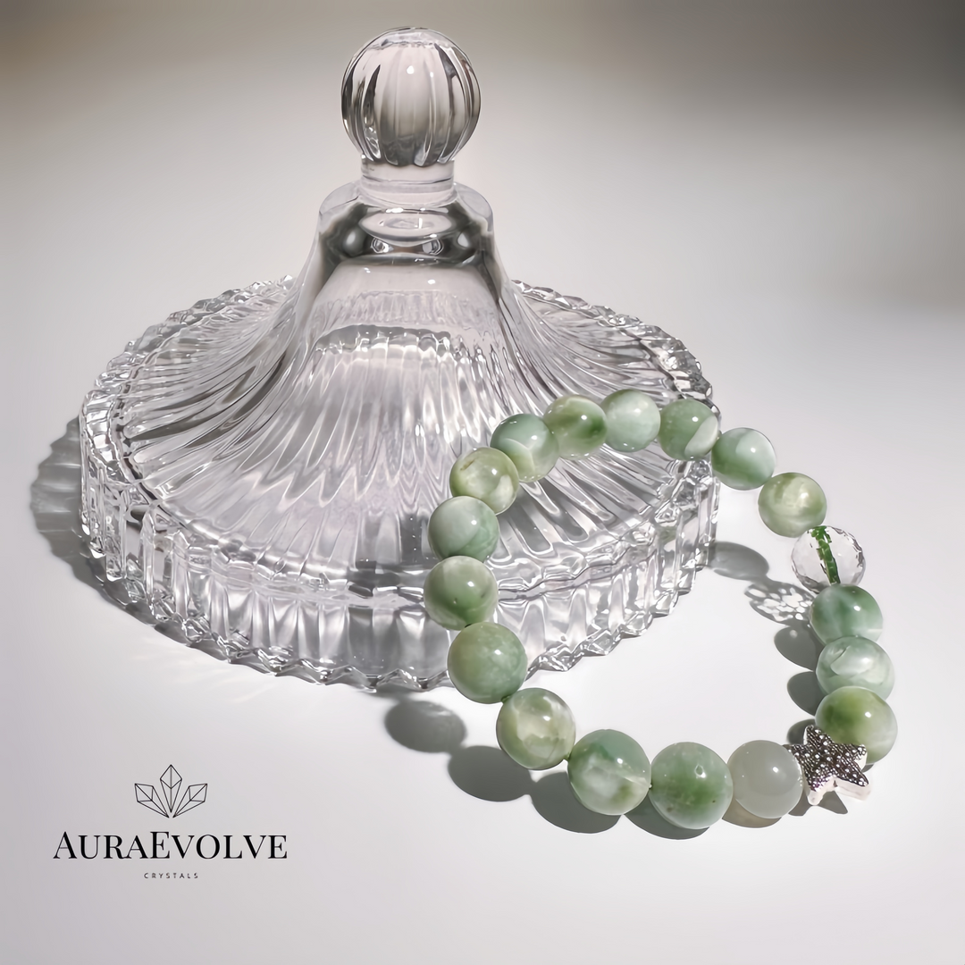 A crystal bracelet made with Green Larimar, Green Moonstone and Clear Quartz