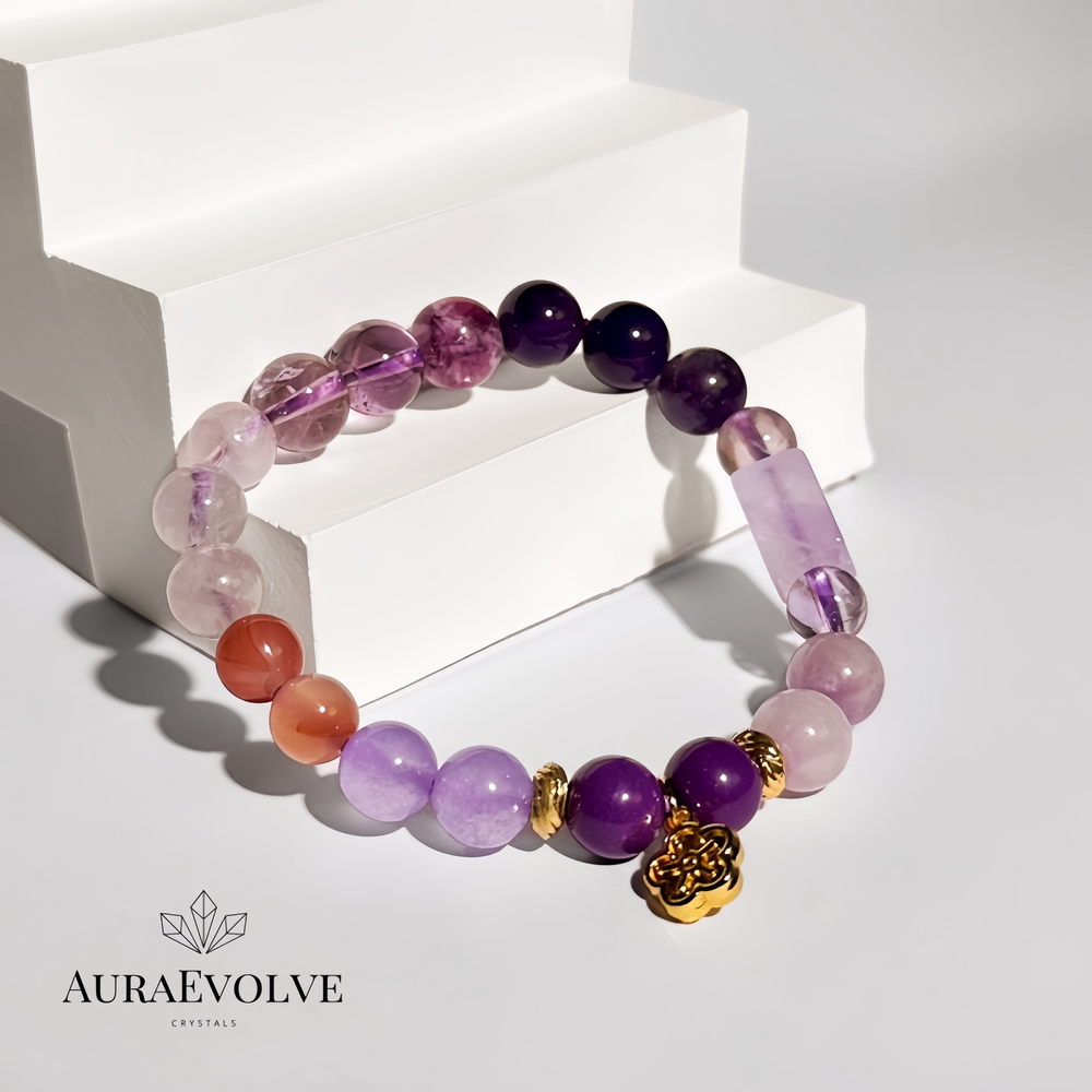 A crystal bracelet made with Amethyst, Lepidolite, Purple Chalcedony, Phosphosiderite and Yanyuan Agate