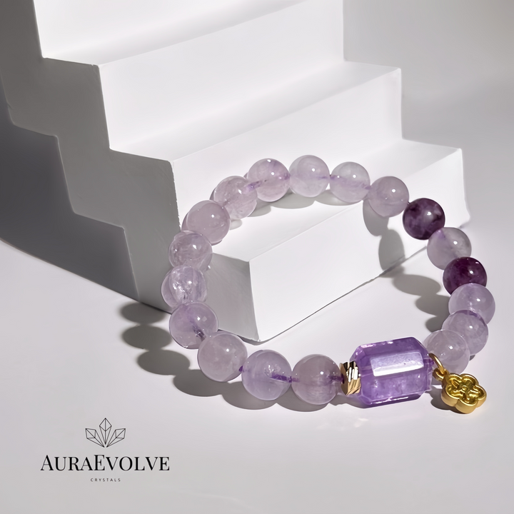 A crystal bracelet made with Lavender Amethyst and Purple Lepidolite