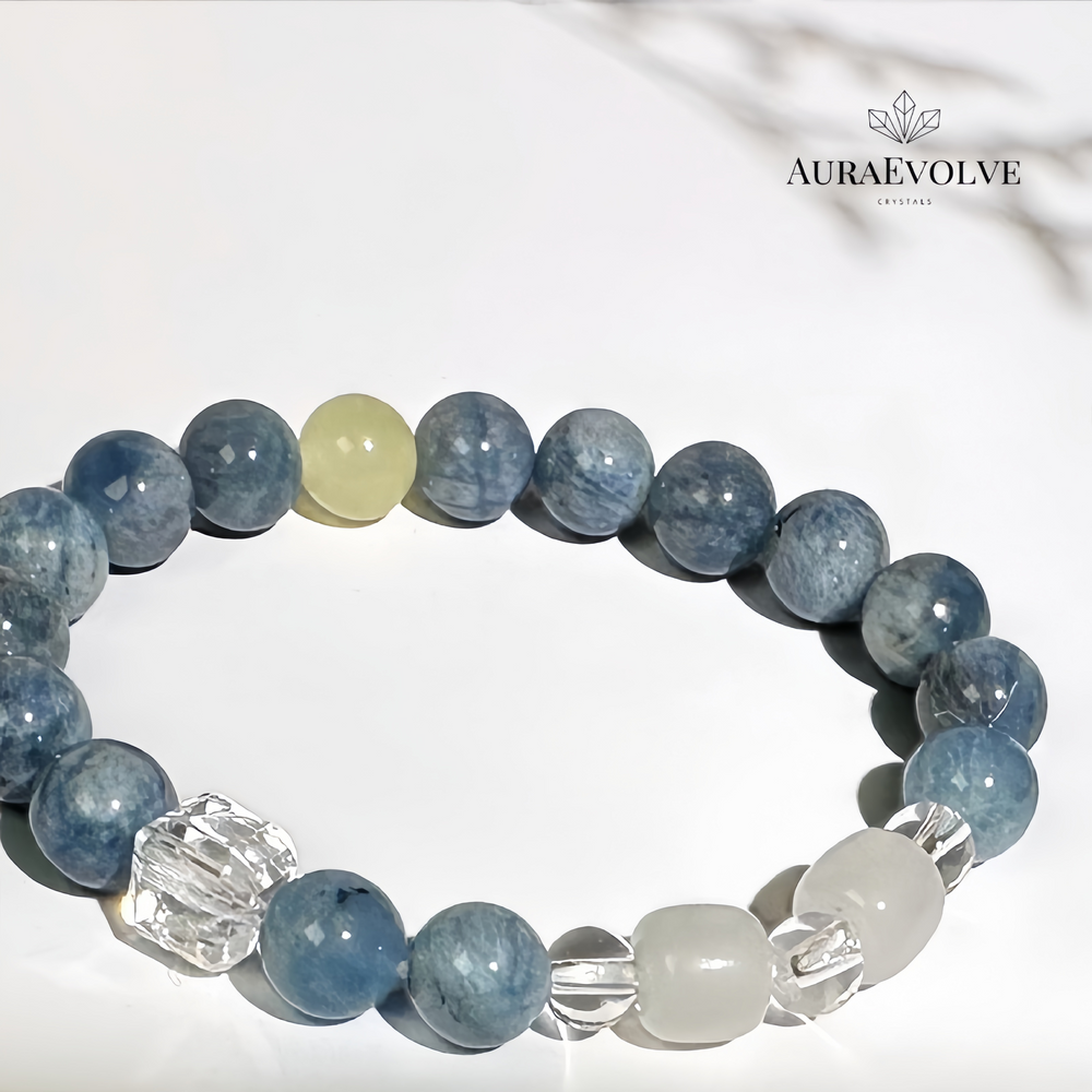 A crystal bracelet made with Aquamarine, Clear Quartz and Chalcedony