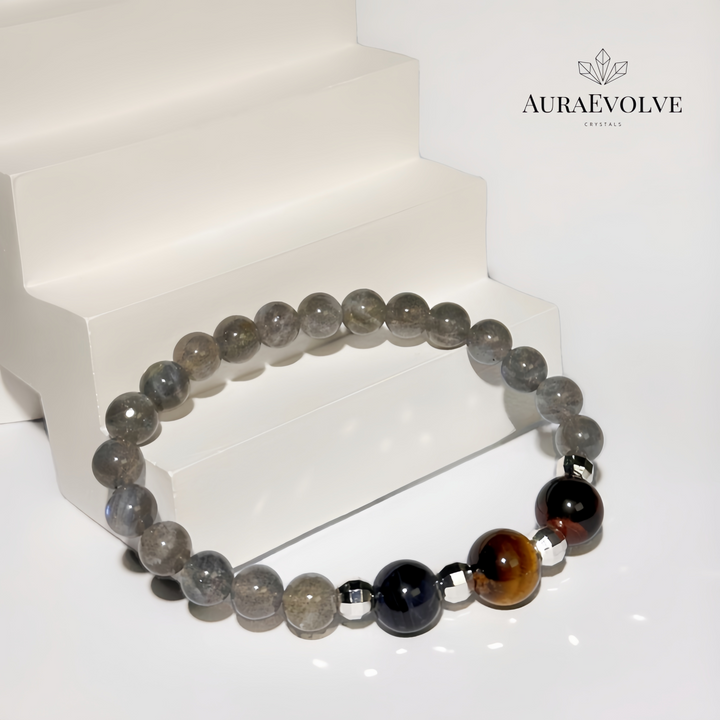 A crystal bracelet made with Tiger's Eye and Labradorite