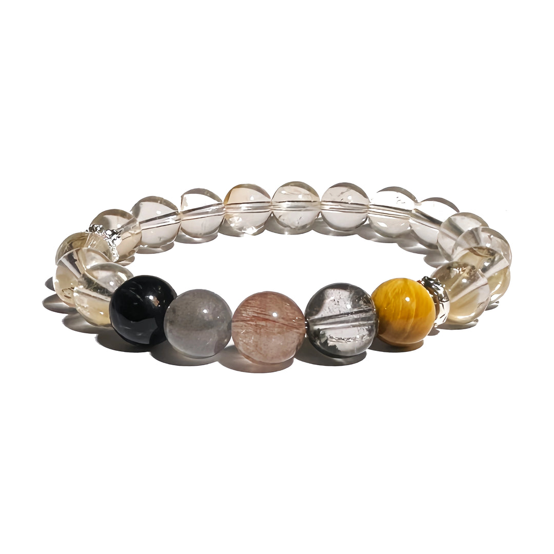 A crystal bracelet made with Citrine, Tiger's Eye, Red Rutilated Quartz, Green Phantom Quartz, and Labradorite