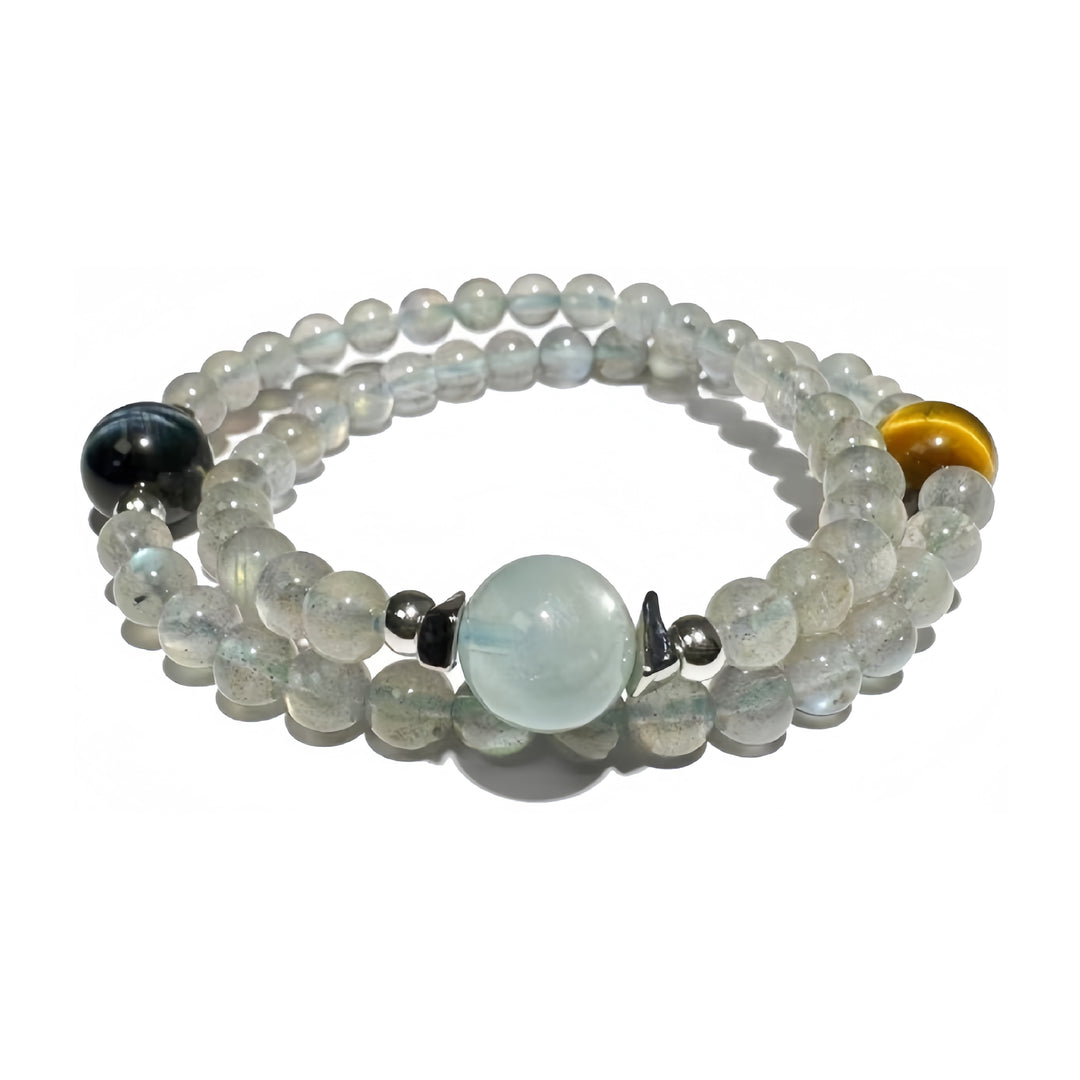 A crystal bracelet made with Labradorite, Tiger's Eye and Aquamarine