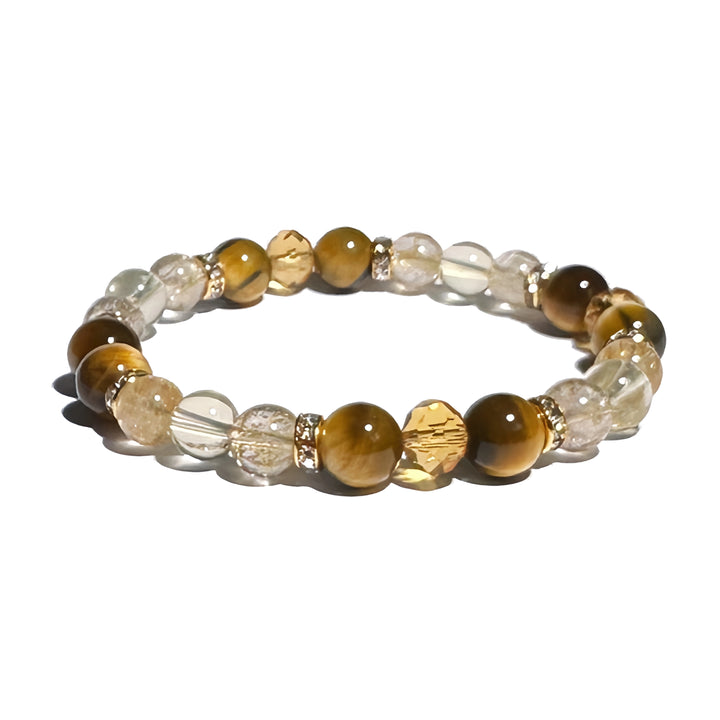 A crystal bracelet made with citrine, golden rutilated quartz and tigers eye